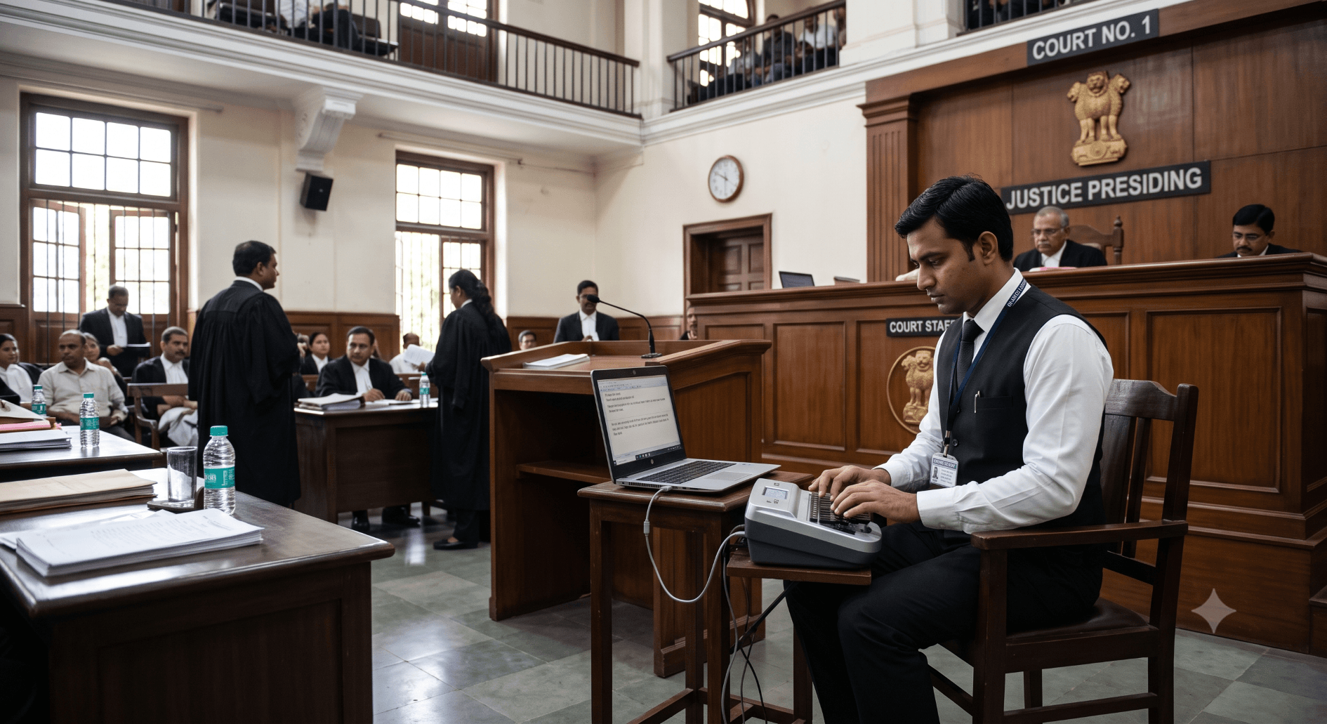 Court stenographer working in an Indian courtroom setting with official documents and a stenotype machine