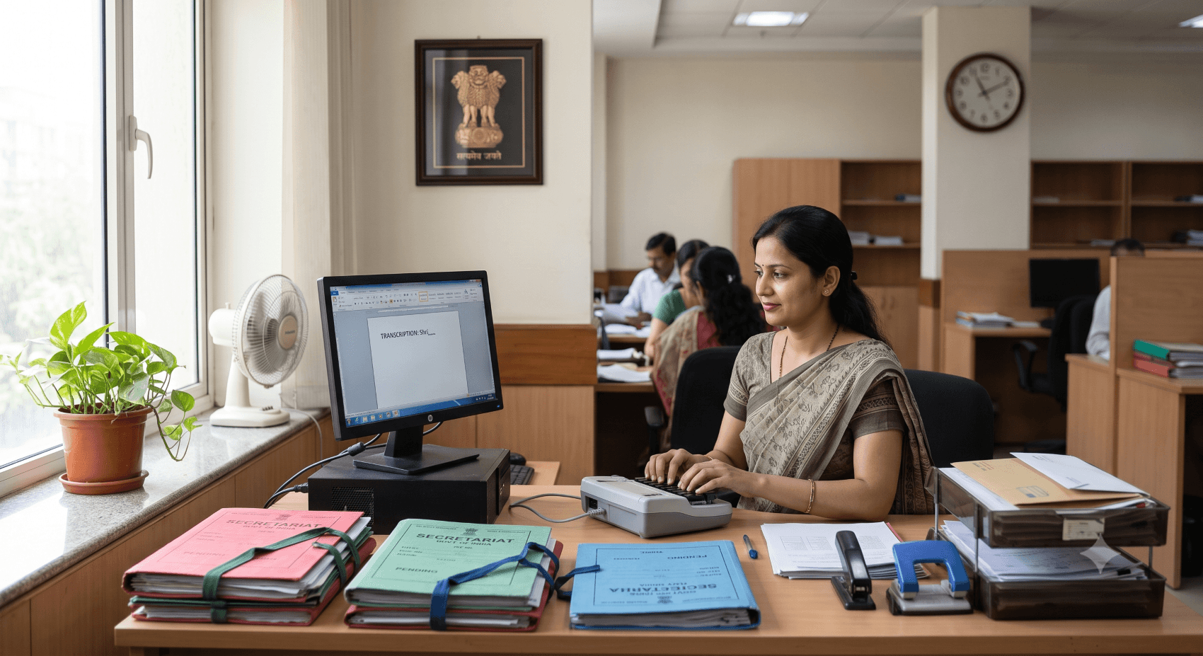 Government stenographer working at a desk with documents, files, and a computer in a government office