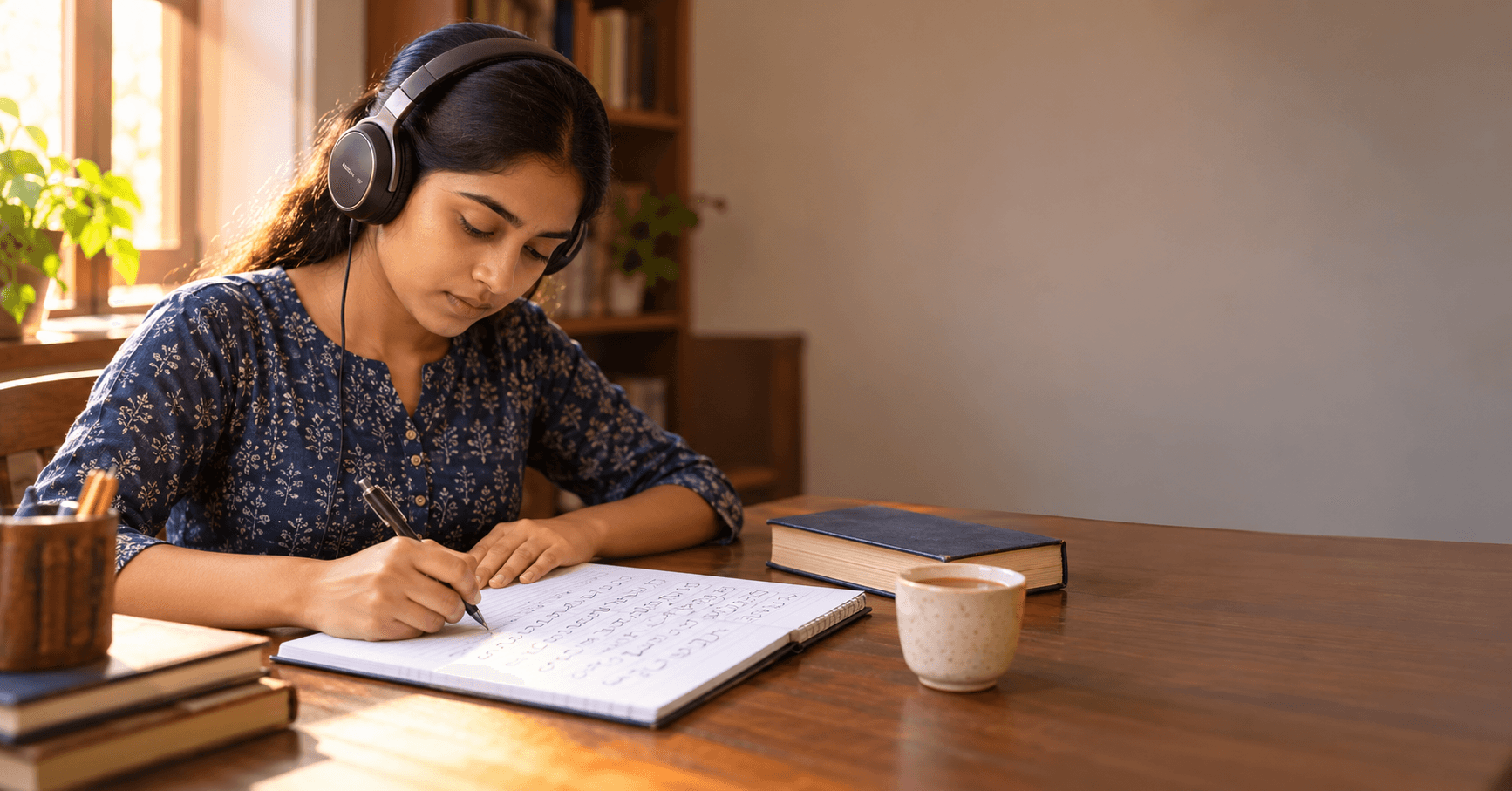 Student with a Hindi shorthand notebook and headphones practicing a Kailash Chandra dictation at a desk