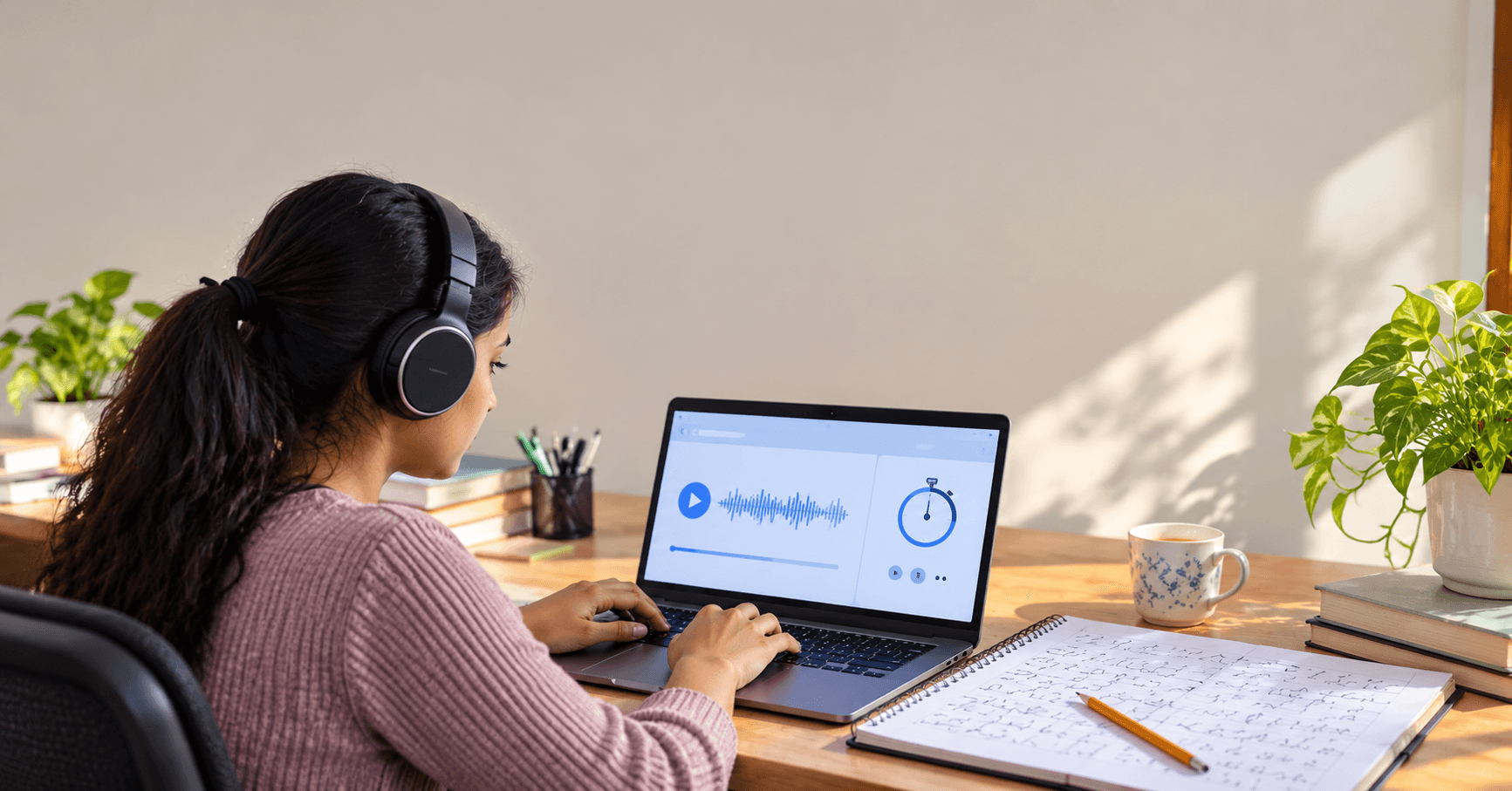 Aspirant at a laptop wearing headphones transcribing an online steno dictation with a timer on the screen