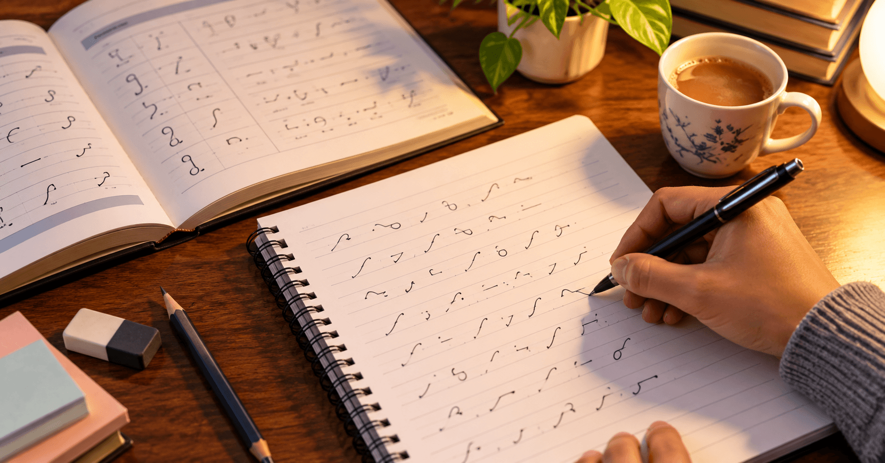 Beginner writing Pitman shorthand outlines in a notebook with a theory book open beside it