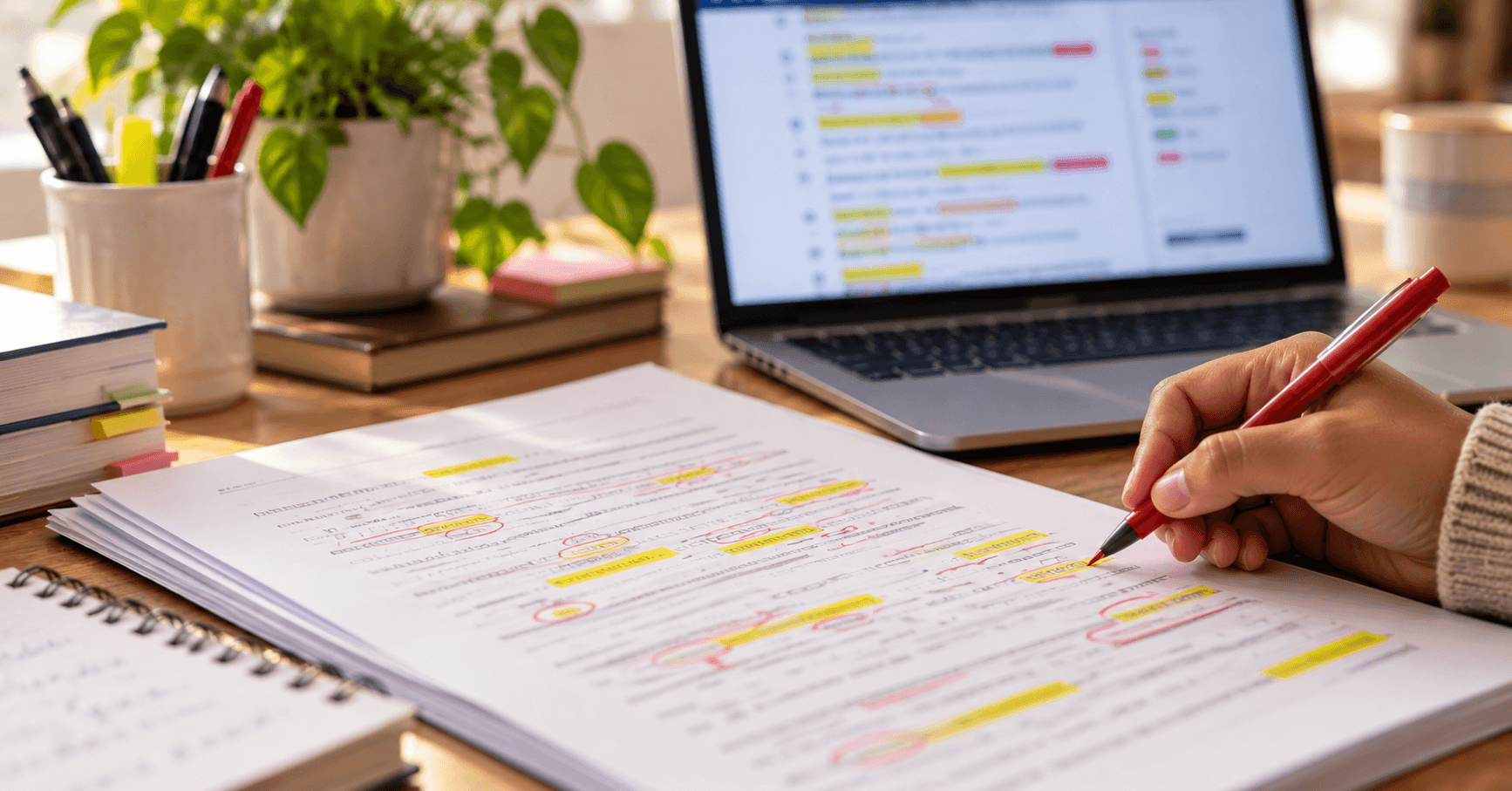 Marked-up transcription printout with highlighted errors next to a laptop showing a dictation result