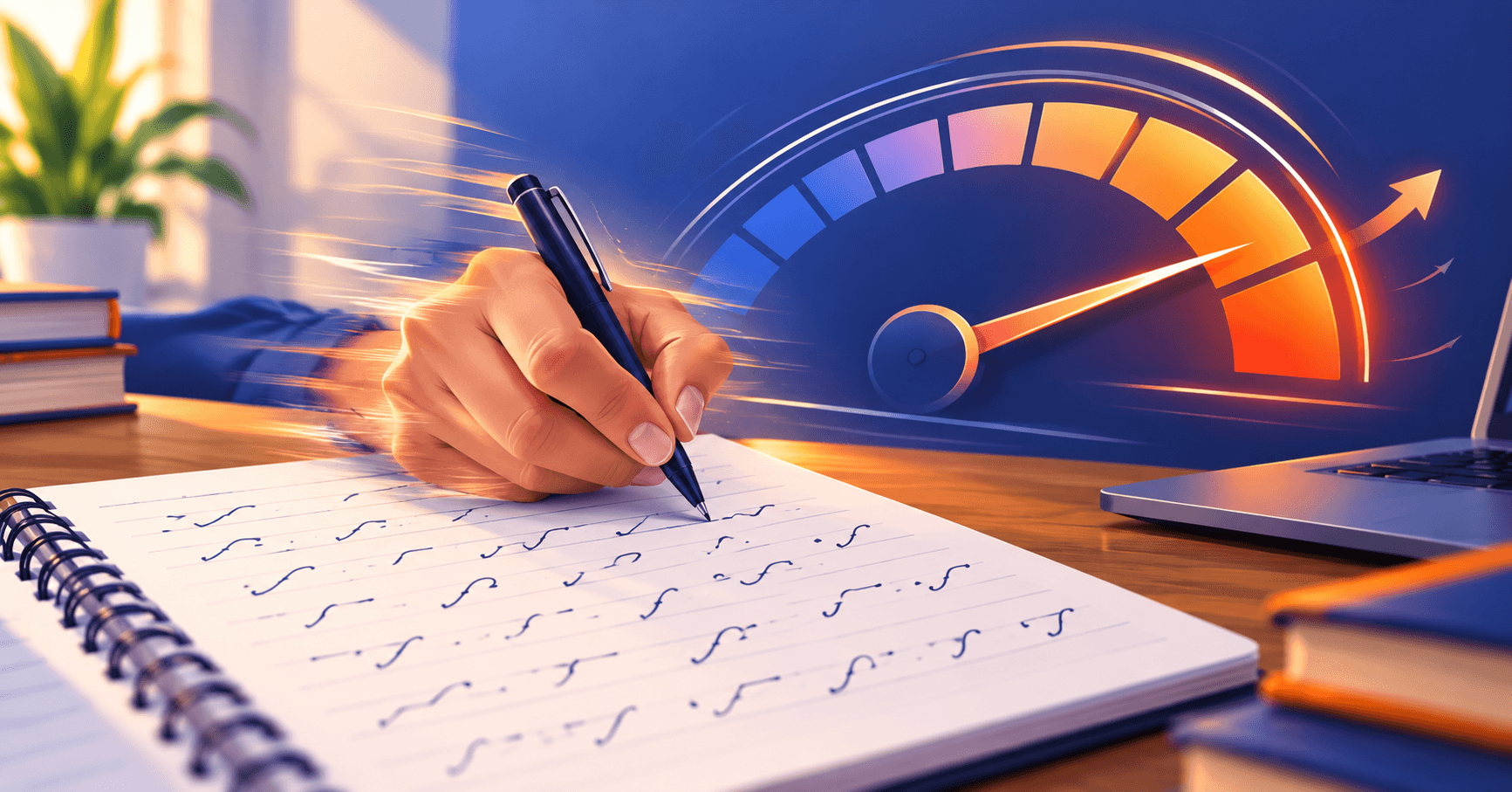 Speedometer-style graphic over a hand writing shorthand quickly, representing steno speed progress from 80 to 100 words per minute