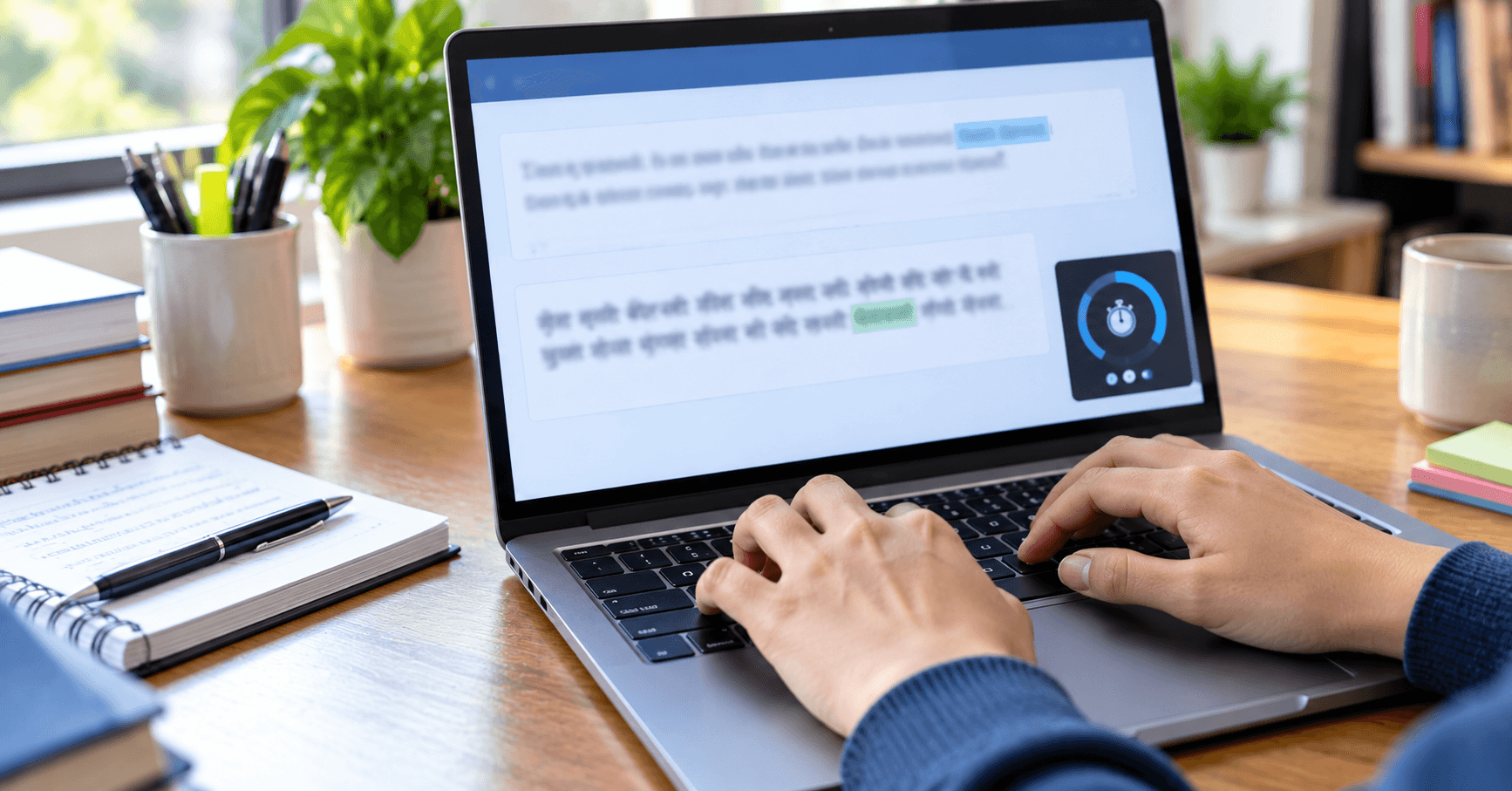 Hands typing on a keyboard with an English and Hindi typing test visible on a laptop screen