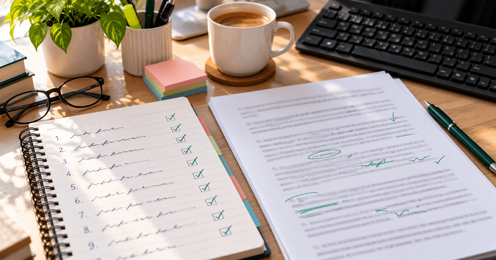 Checklist of ten accuracy habits on a notepad beside a keyboard and a corrected transcription