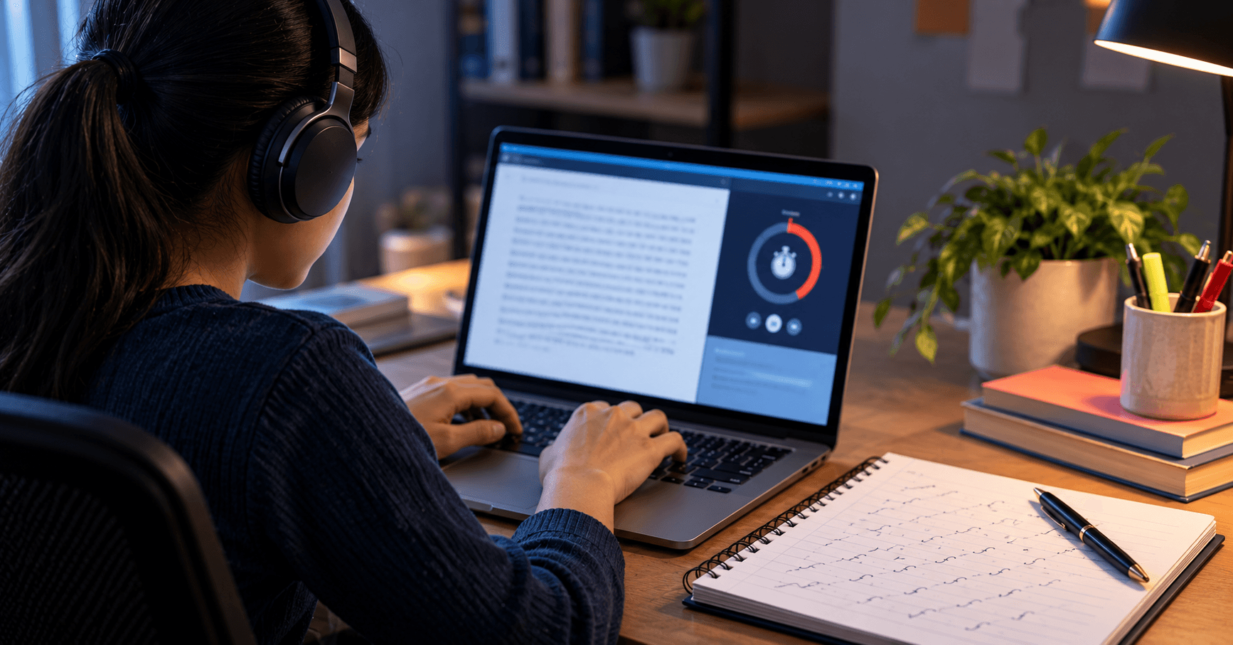 Candidate taking a timed steno mock test on a laptop with headphones and a countdown clock visible