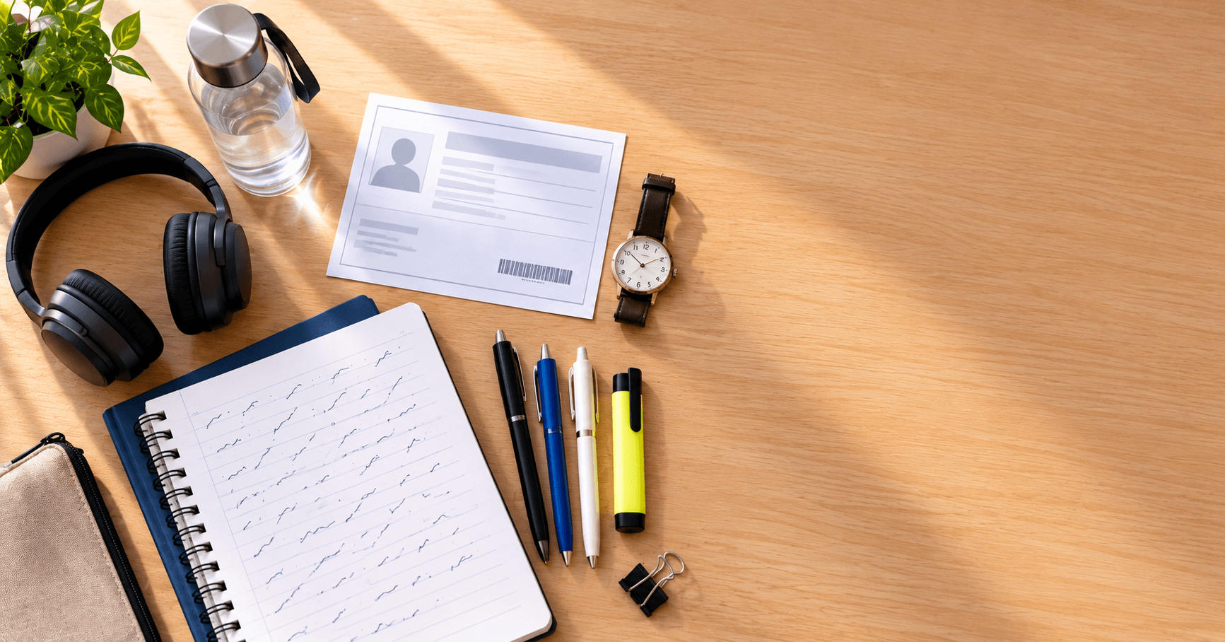 Exam day checklist with admit card, pens and headphones laid out neatly next to a shorthand notebook
