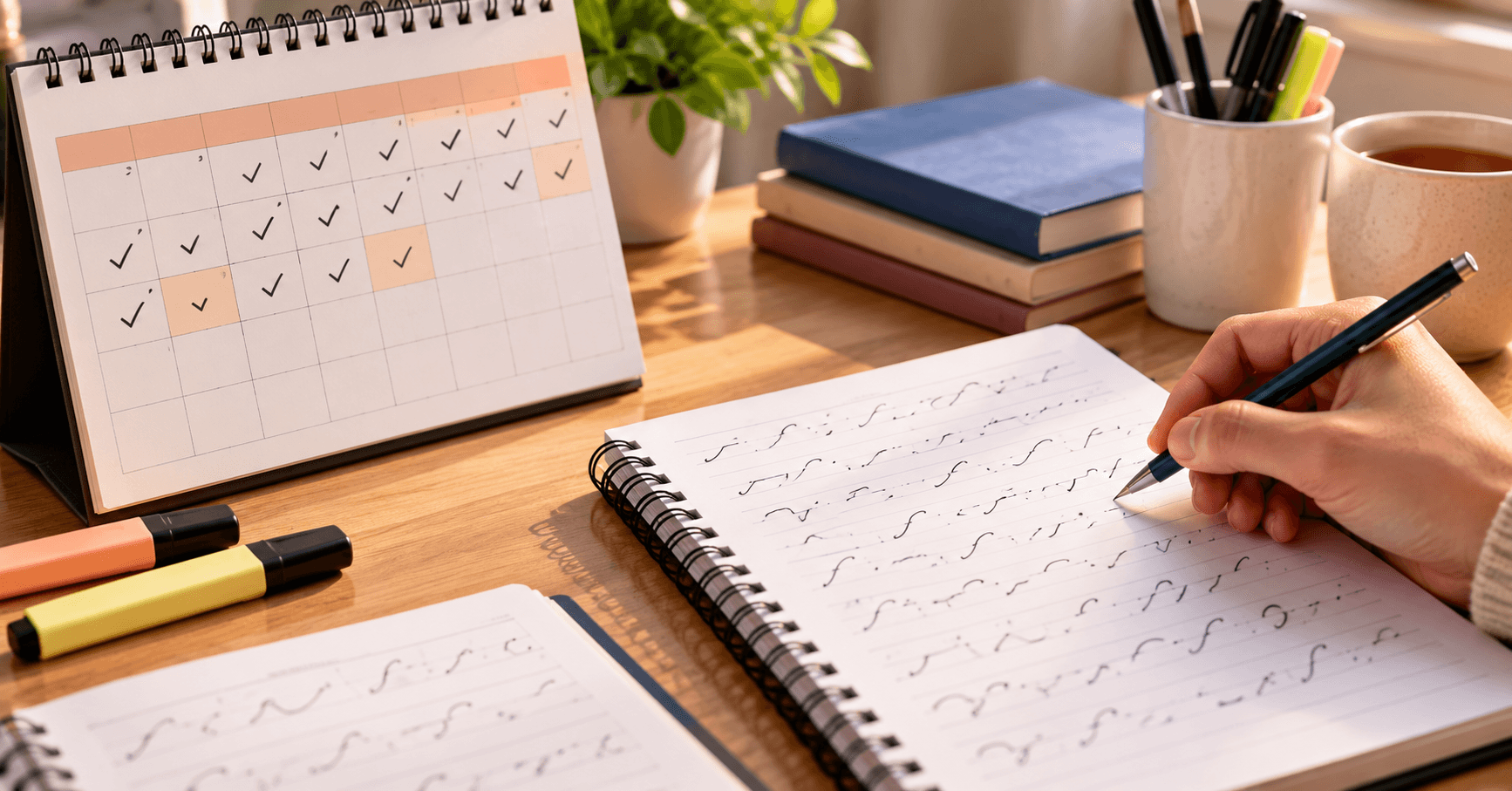 Wall calendar with a 30 day shorthand plan beside a notebook filled with beginner shorthand strokes
