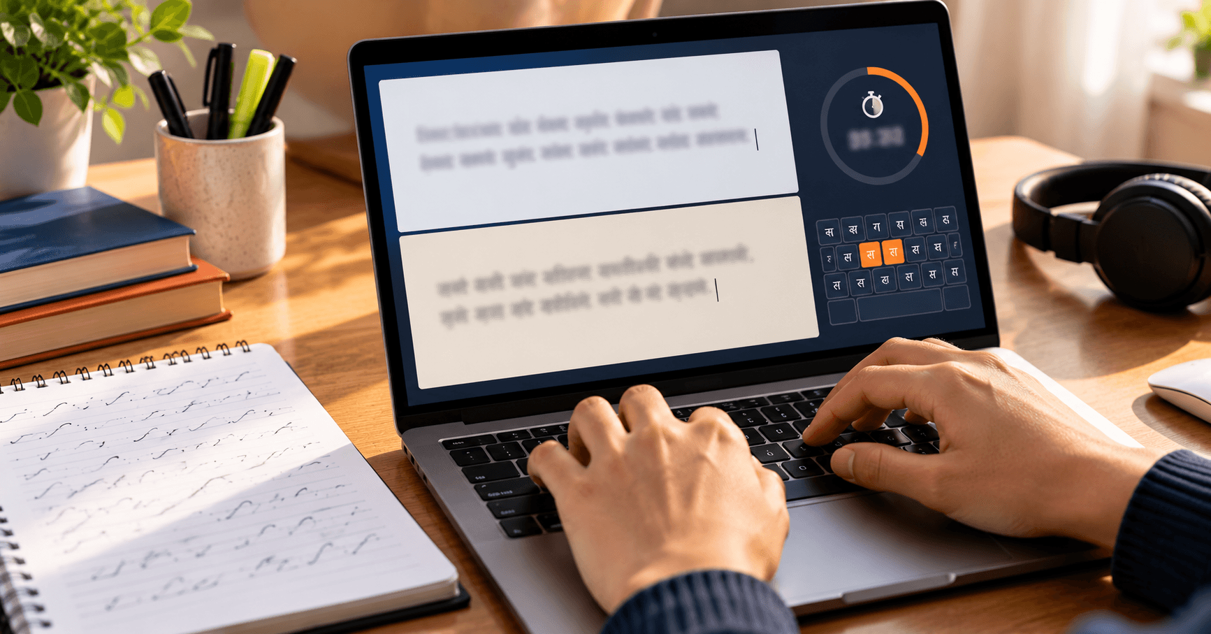 Hindi keyboard layout diagram next to a laptop showing a Hindi typing test
