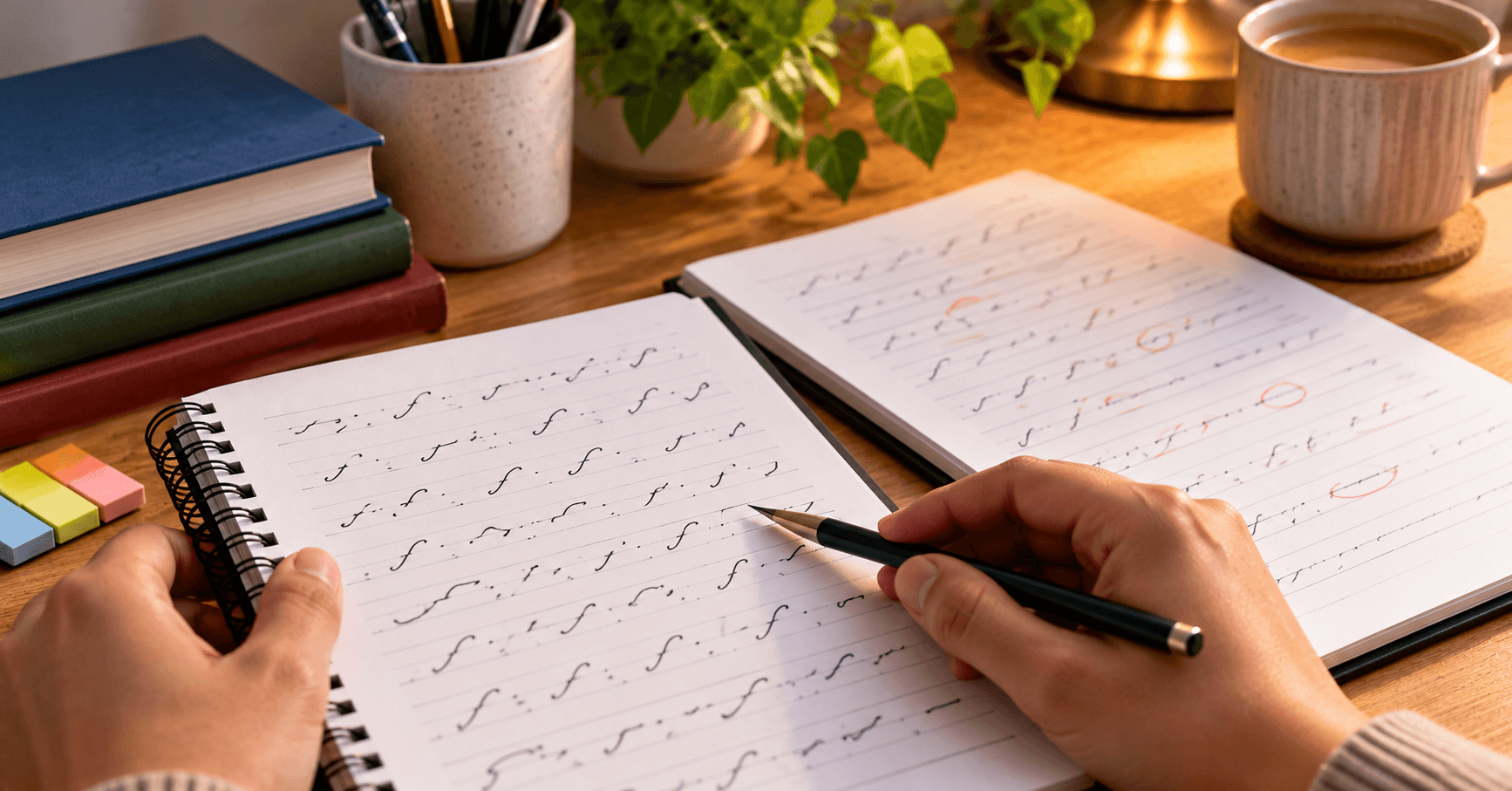 Close-up of a hand tracing shorthand outlines with a pencil while reading them back from a notebook
