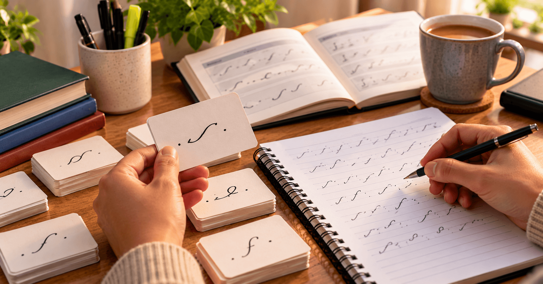 Notebook page with shorthand short forms in neat columns beside flashcards and a pencil