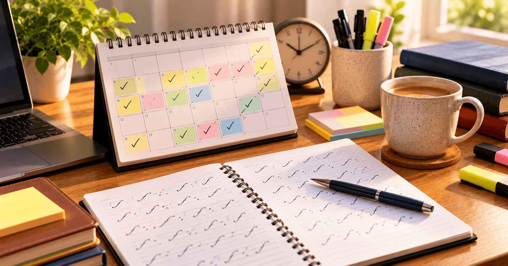 Weekly planner with study blocks marked beside a coffee cup, laptop and shorthand notebook