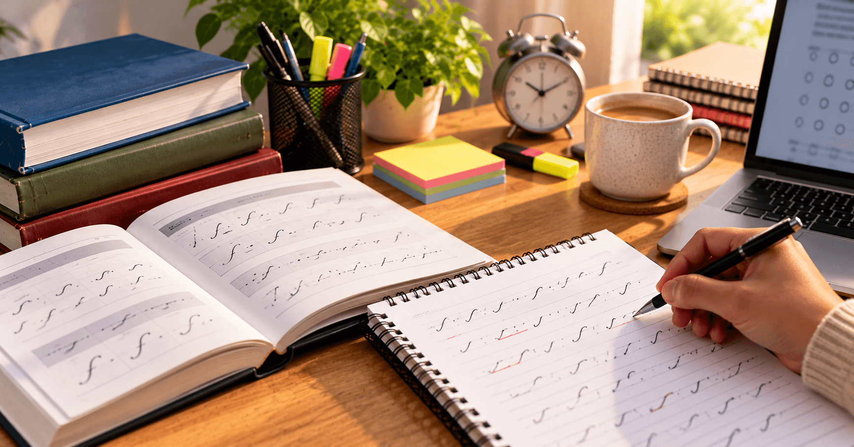 Candidate studying with English grammar book, reasoning workbook and a general awareness magazine open on a desk