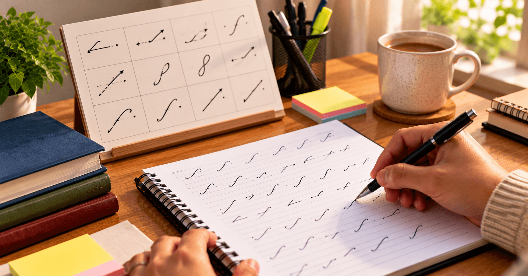 Close-up of a relaxed hand holding a pen over a ruled shorthand notebook on a clean desk