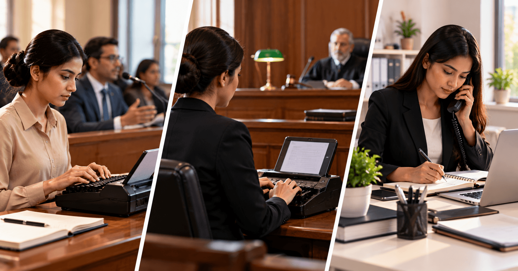 Three professional workplaces side by side: a courtroom, a government office and an executive desk