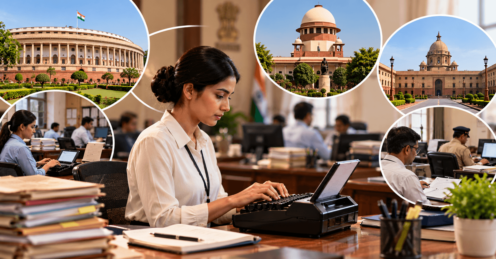 Map of India with government office icons connected by lines representing stenographer recruitment bodies