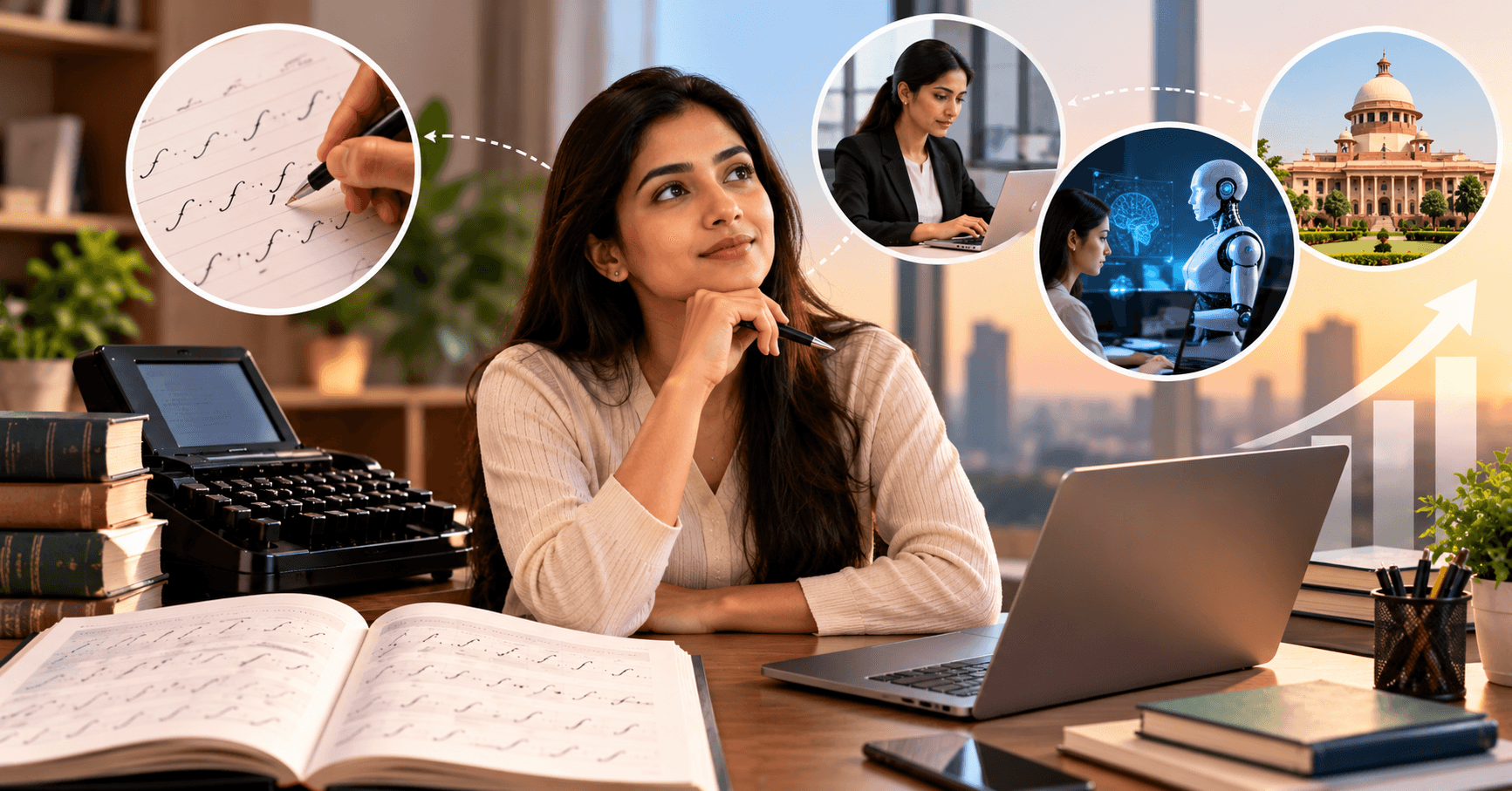 Split image of a person writing shorthand and a laptop showing automatic speech transcription