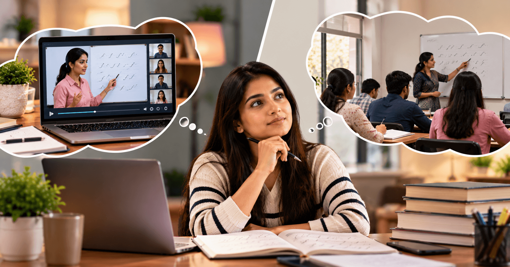 Split scene of a classroom with a teacher and a student learning online on a laptop at home