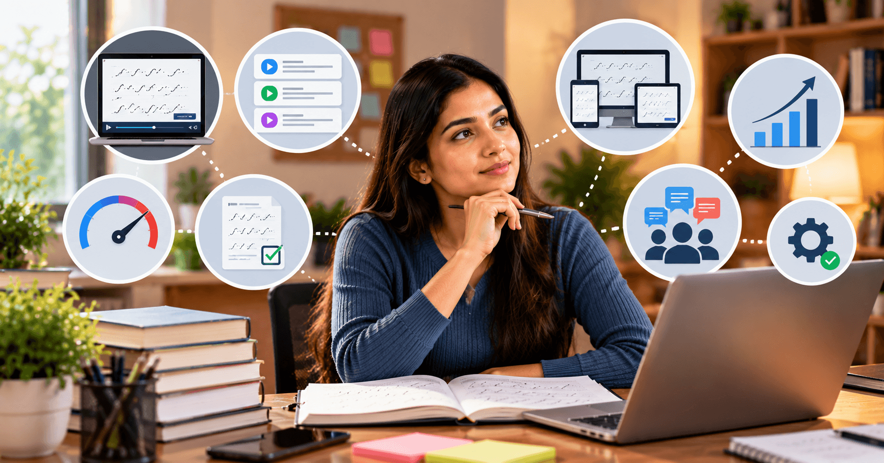 Checklist with eight ticked items next to a laptop displaying a dictation practice website