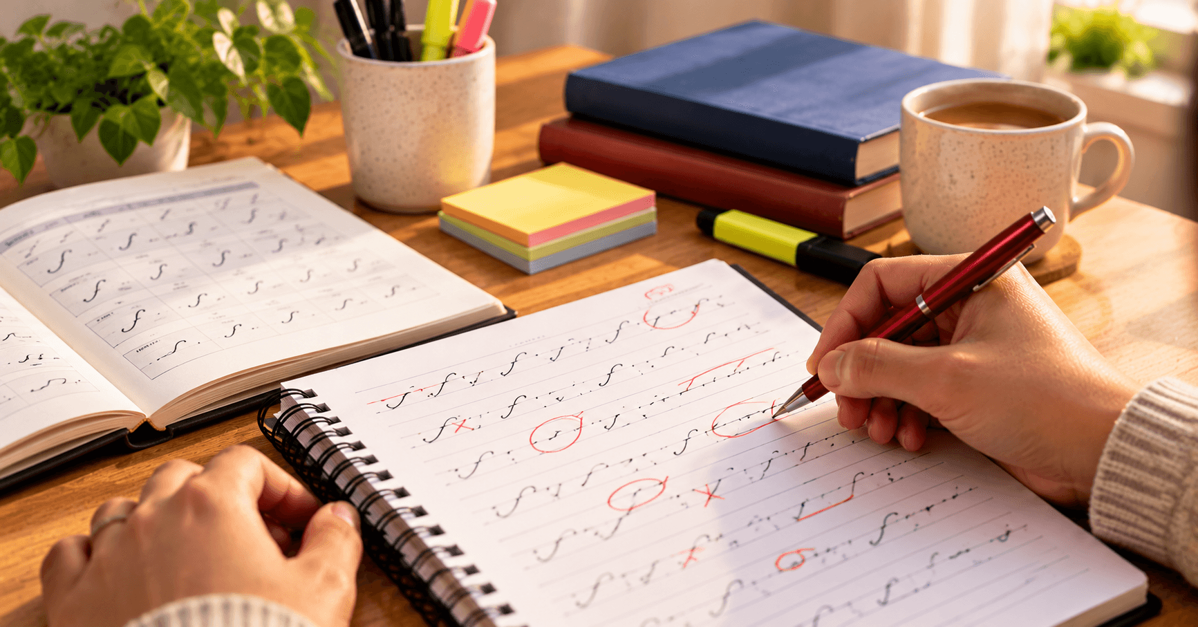 Notebook showing correct and incorrect shorthand outlines side by side with a red pen correcting one